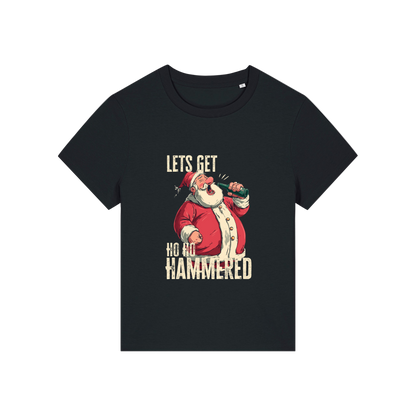 black christmas t-shirt with the graphic of santa and the slogan 'let's get ho ho hammered'