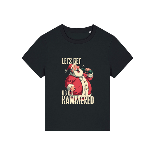 black christmas t-shirt with the graphic of santa and the slogan 'let's get ho ho hammered'