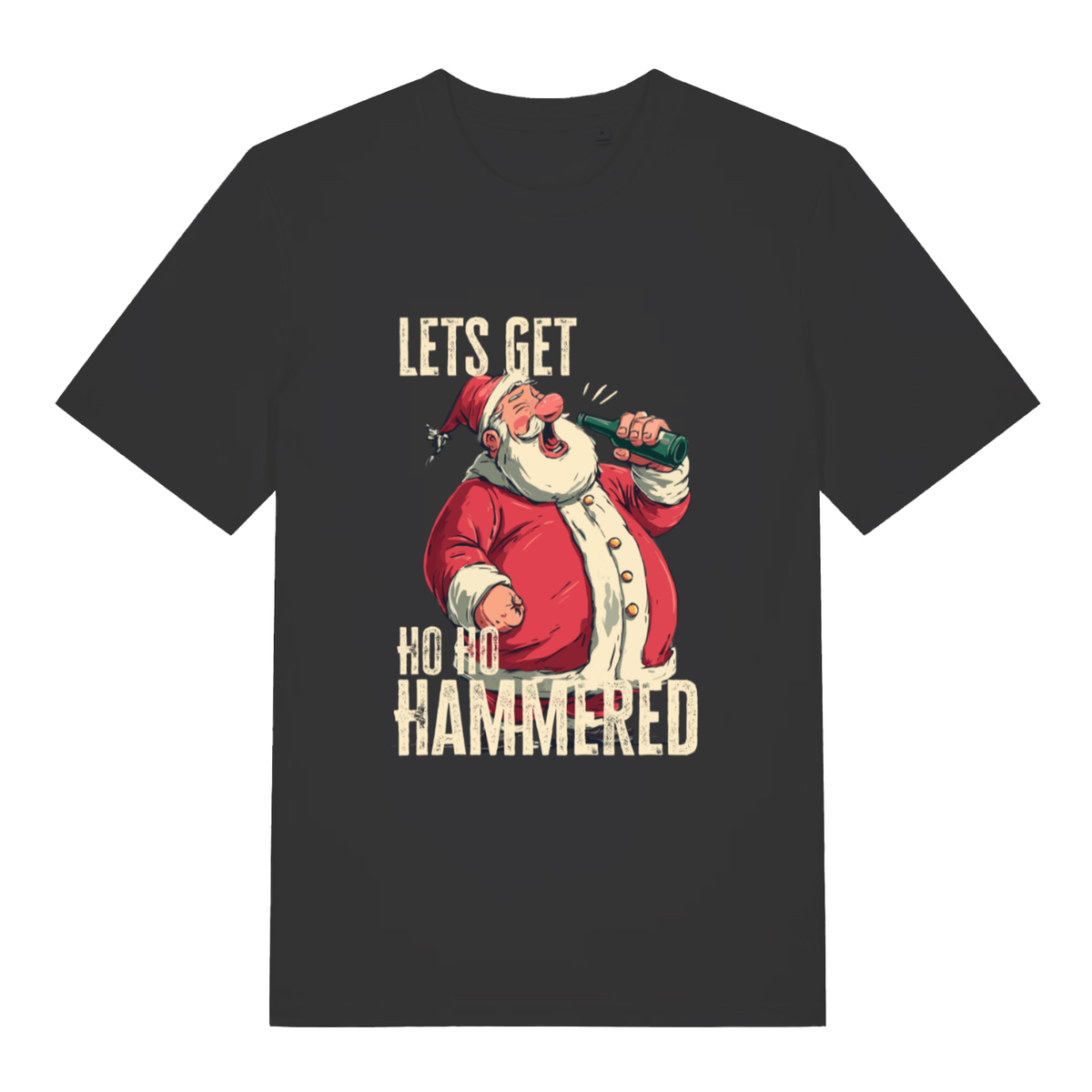 Black women's Ho Ho Hammered T-shirt flat lay with drunk Santa "Let's Get Ho Ho Hammered" funny Christmas graphic