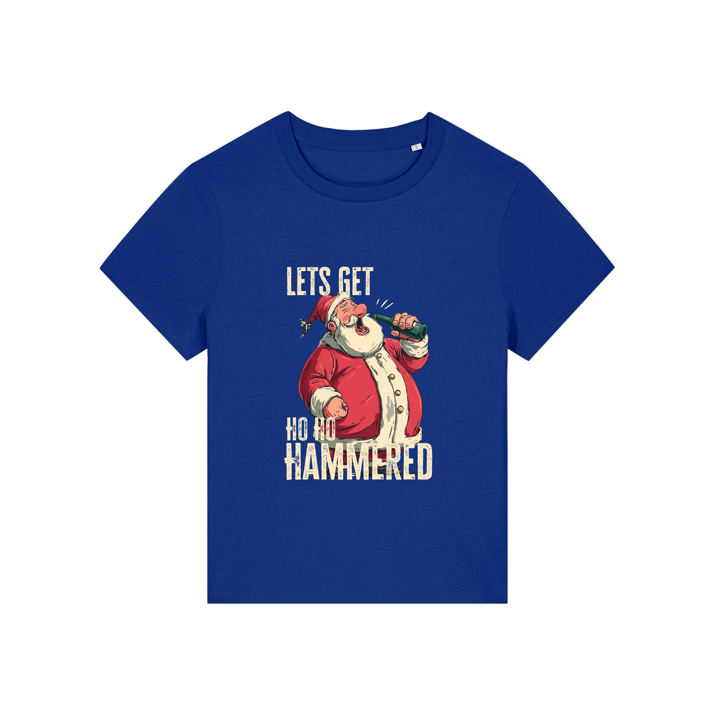 blue christmas t-shirt with the graphic of santa and the slogan 'let's get ho ho hammered'