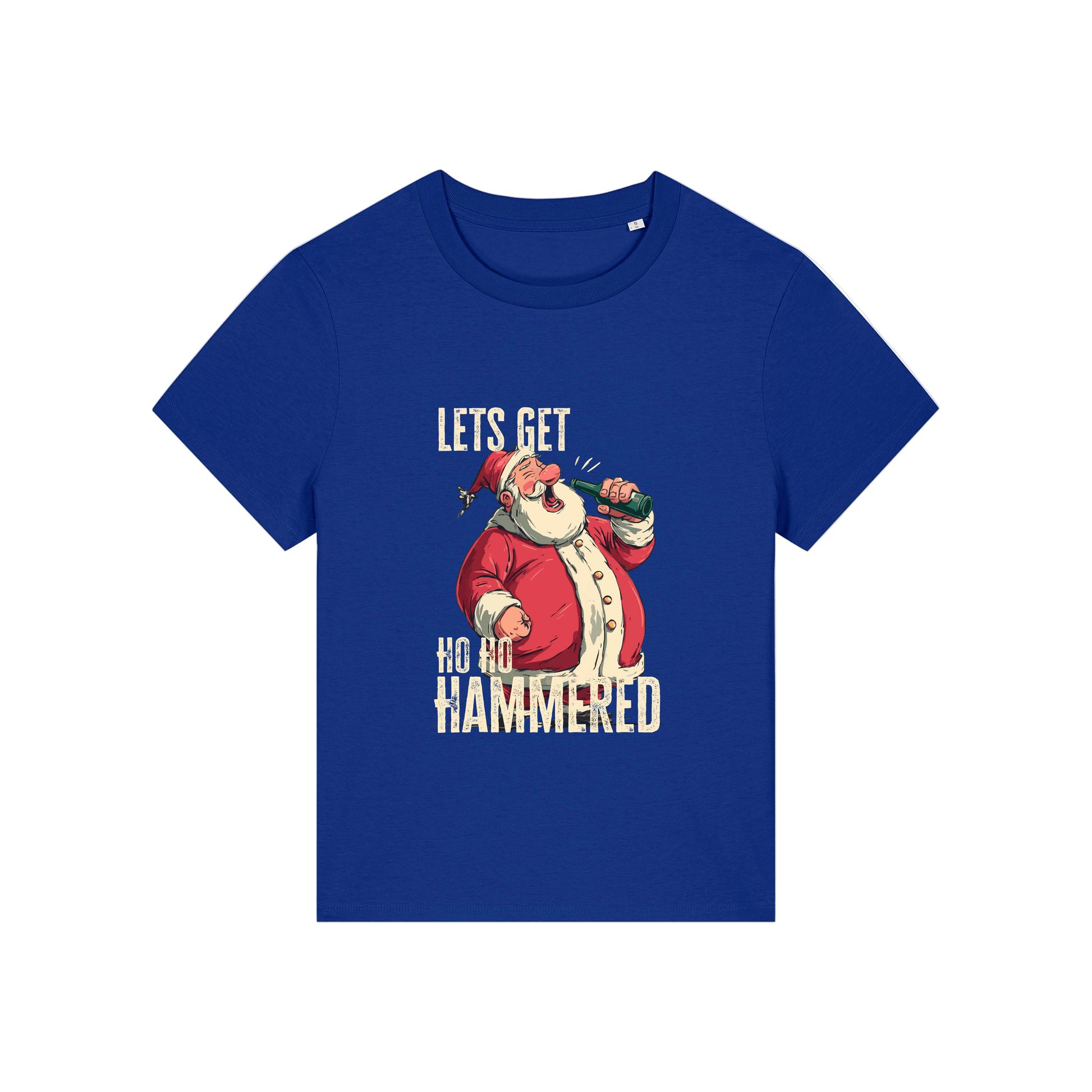 blue christmas t-shirt with the graphic of santa and the slogan 'let's get ho ho hammered'
