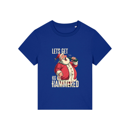 blue christmas t-shirt with the graphic of santa and the slogan 'let's get ho ho hammered'