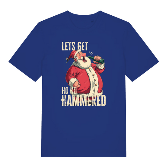 blue women's christmas t-shirt with a graphic of Santa Claus holding a beer and text 'LET'S GET HO HO HAMMERED' 
