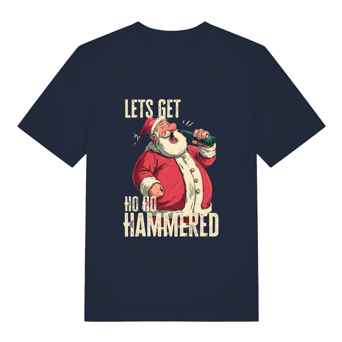 French Navy women's Ho Ho Hammered T-shirt flat lay featuring hammered Santa with bottle illustration