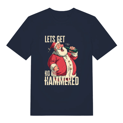 French Navy women's Ho Ho Hammered T-shirt flat lay featuring hammered Santa with bottle illustration