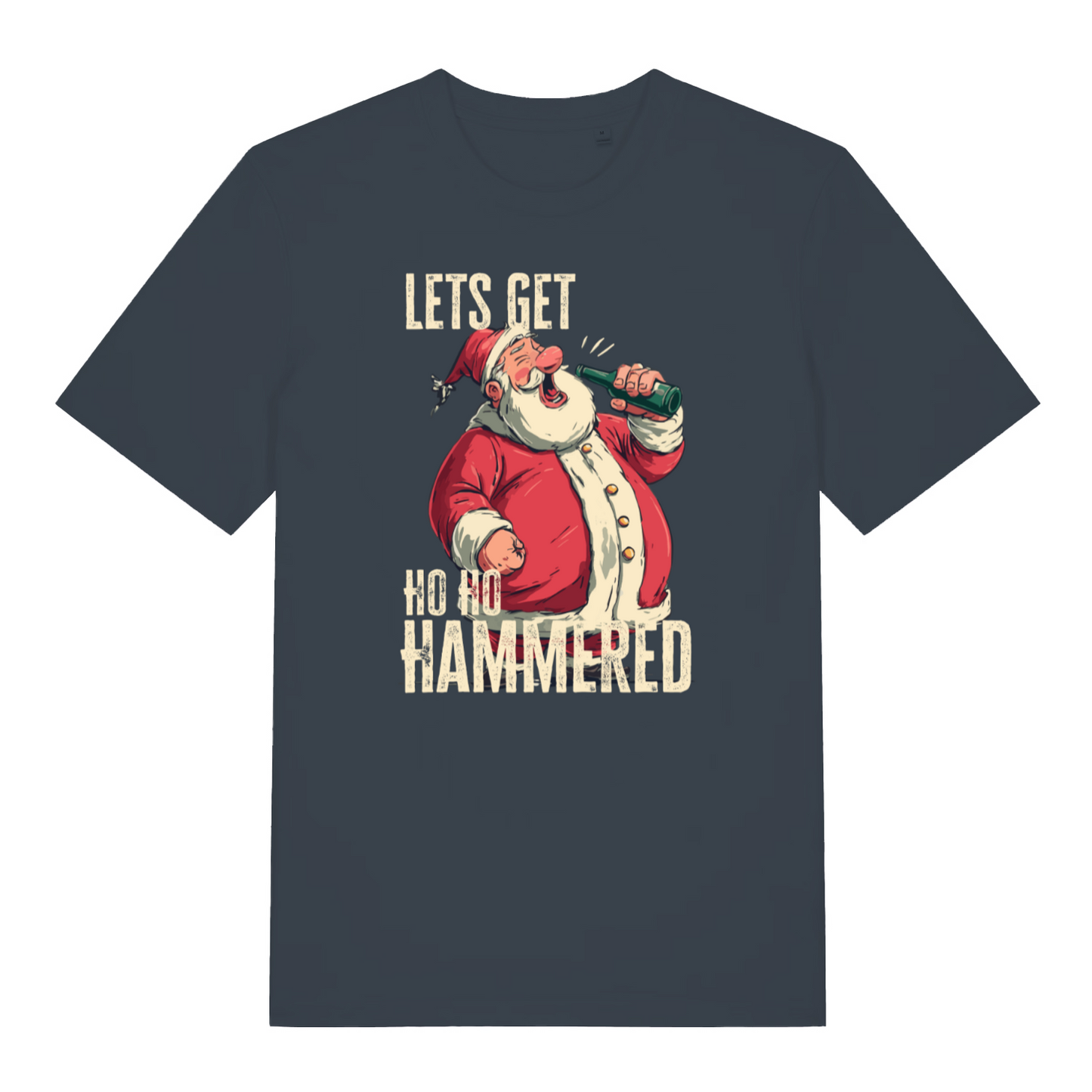 ink grey women's christmas t-shirt with a graphic of Santa Claus holding a beer and text 'LET'S GET HO HO HAMMERED' 