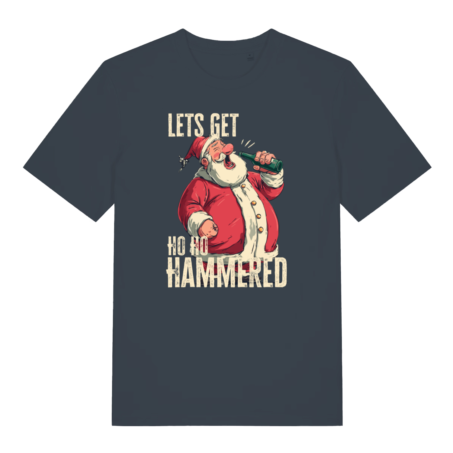 ink grey women's christmas t-shirt with a graphic of Santa Claus holding a beer and text 'LET'S GET HO HO HAMMERED' 