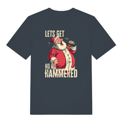 ink grey women's christmas t-shirt with a graphic of Santa Claus holding a beer and text 'LET'S GET HO HO HAMMERED' 