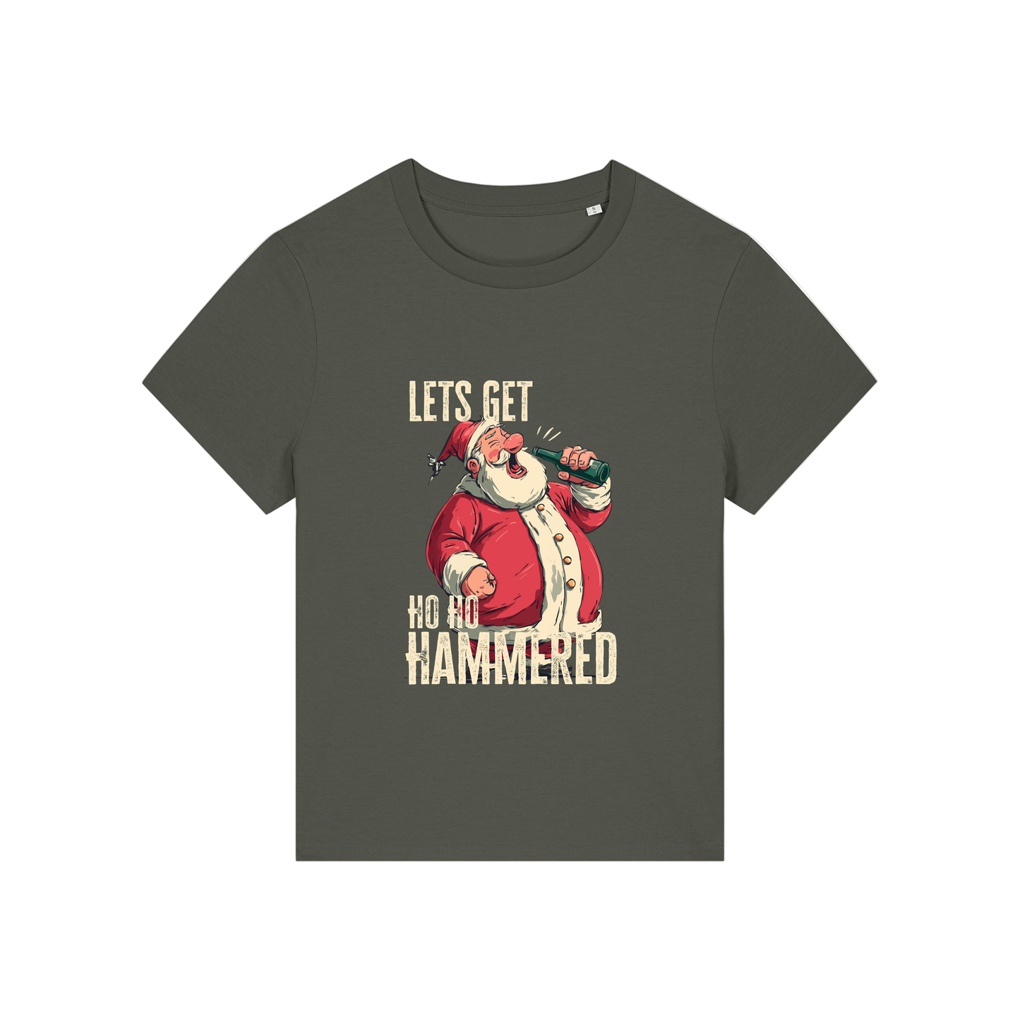 khaki christmas t-shirt with the graphic of santa and the slogan 'let's get ho ho hammered'