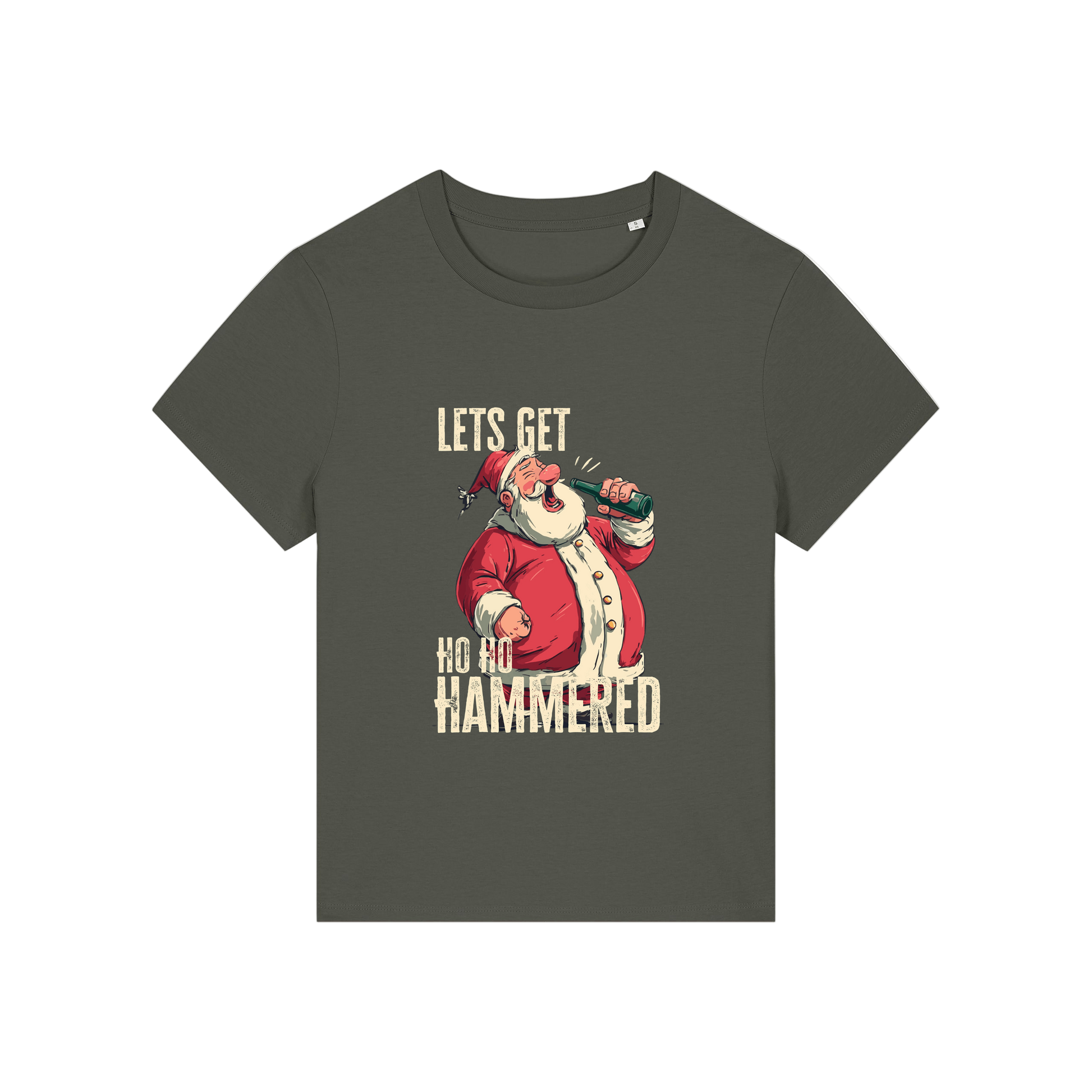 khaki christmas t-shirt with the graphic of santa and the slogan 'let's get ho ho hammered'