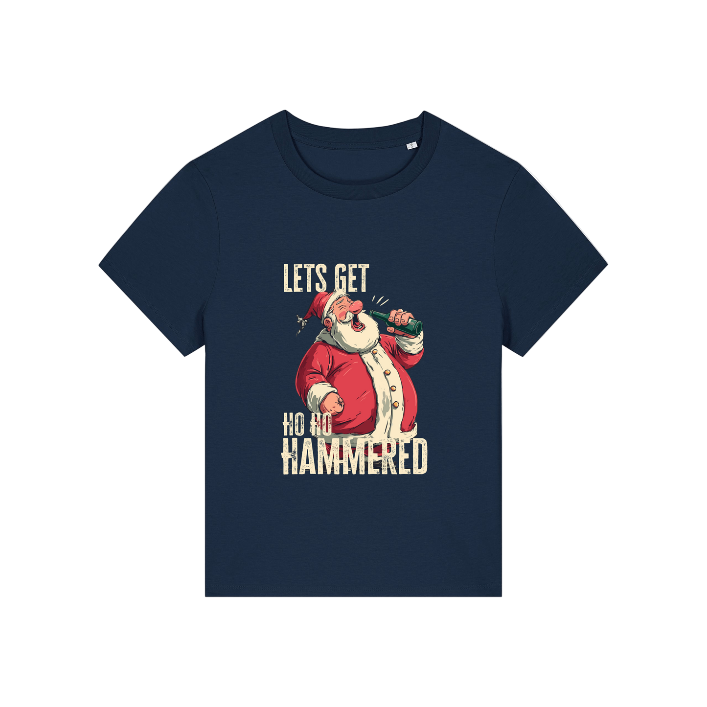 navy christmas t-shirt with the graphic of santa and the slogan 'let's get ho ho hammered'