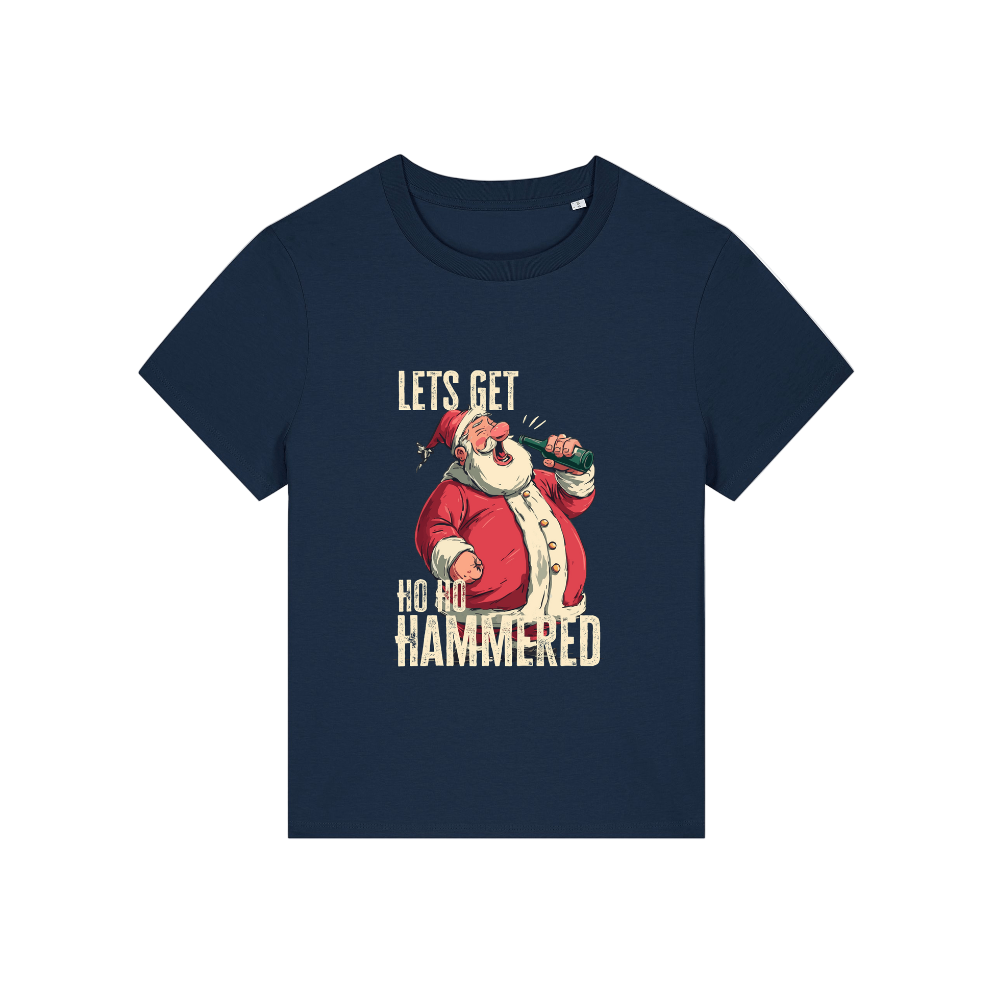 navy christmas t-shirt with the graphic of santa and the slogan 'let's get ho ho hammered'