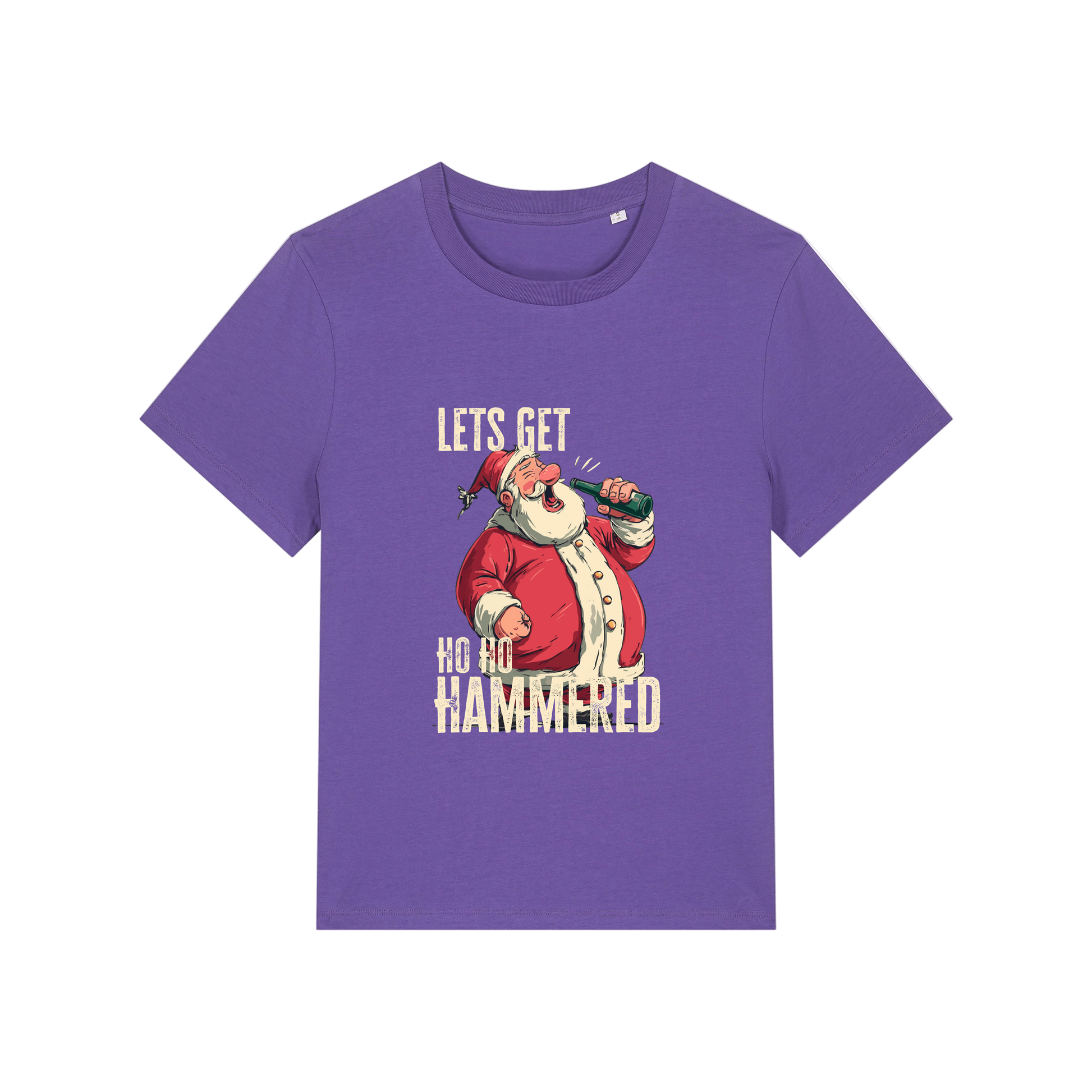 purple christmas t-shirt with the graphic of santa and the slogan 'let's get ho ho hammered'