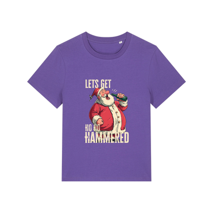 purple christmas t-shirt with the graphic of santa and the slogan 'let's get ho ho hammered'