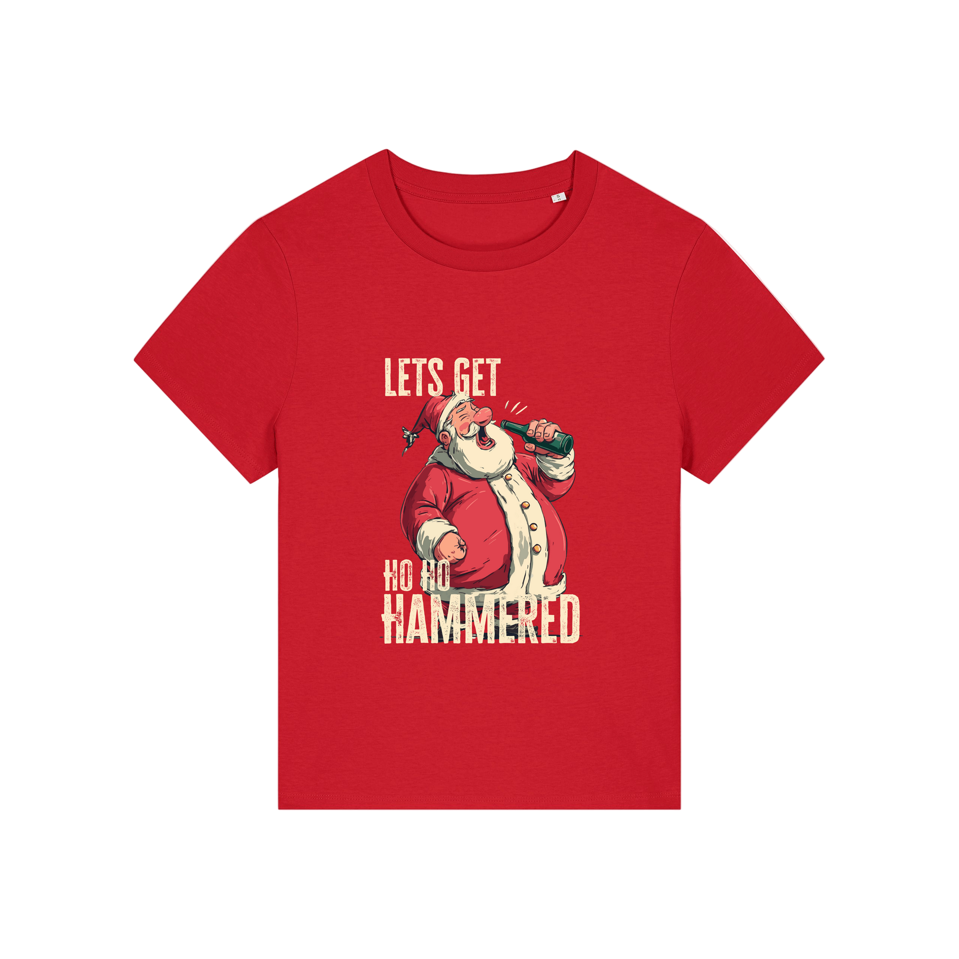 red christmas t-shirt with the graphic of santa and the slogan 'let's get ho ho hammered'