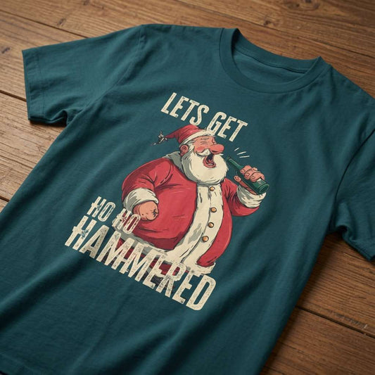 Stargazer Let’s Get Ho Ho Hammered t-shirt on wood featuring drinking Santa, fun ladies xmas pub banter