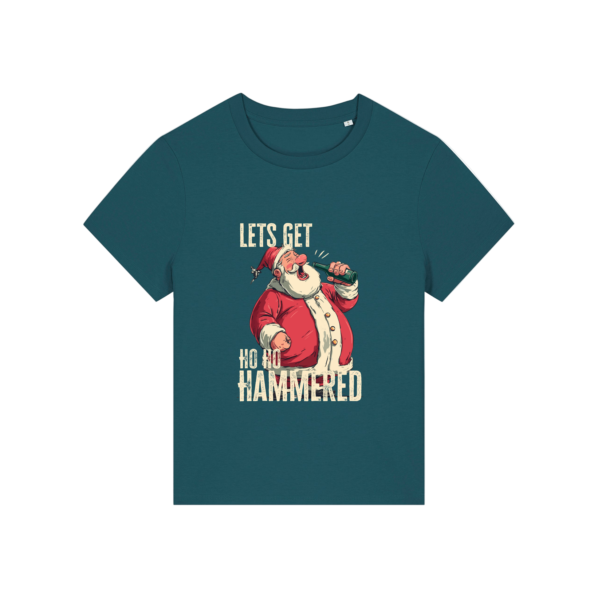 teal christmas t-shirt with the graphic of santa and the slogan 'let's get ho ho hammered'