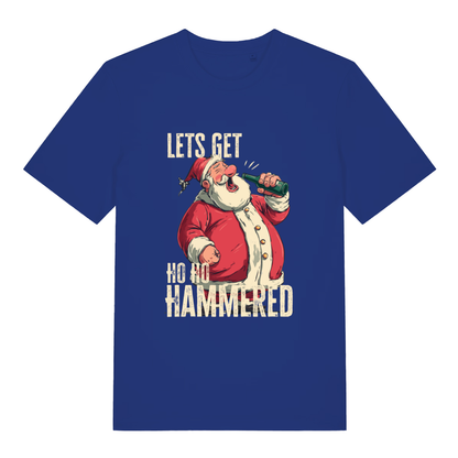 Worker Blue women's Ho Ho Hammered T-shirt flat lay with drunk Santa "Let's Get Ho Ho Hammered" illustration