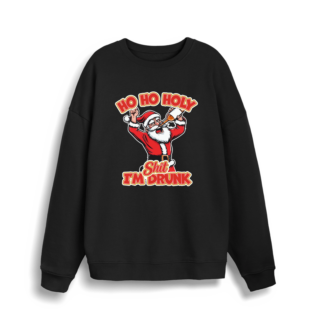 black christmas sweater with the graphic of santa drinking a beer and the slogan 'ho ho holy shit i'm drunk'
