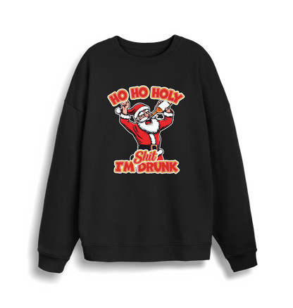 black christmas sweater with the graphic of santa drinking a beer and the slogan 'ho ho holy shit i'm drunk'