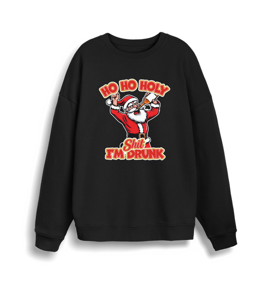 black christmas sweater with the graphic of santa drinking a beer and the slogan 'ho ho holy shit i'm drunk'
