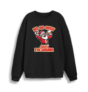 black christmas sweater with the graphic of santa drinking a beer and the slogan 'ho ho holy shit i'm drunk'