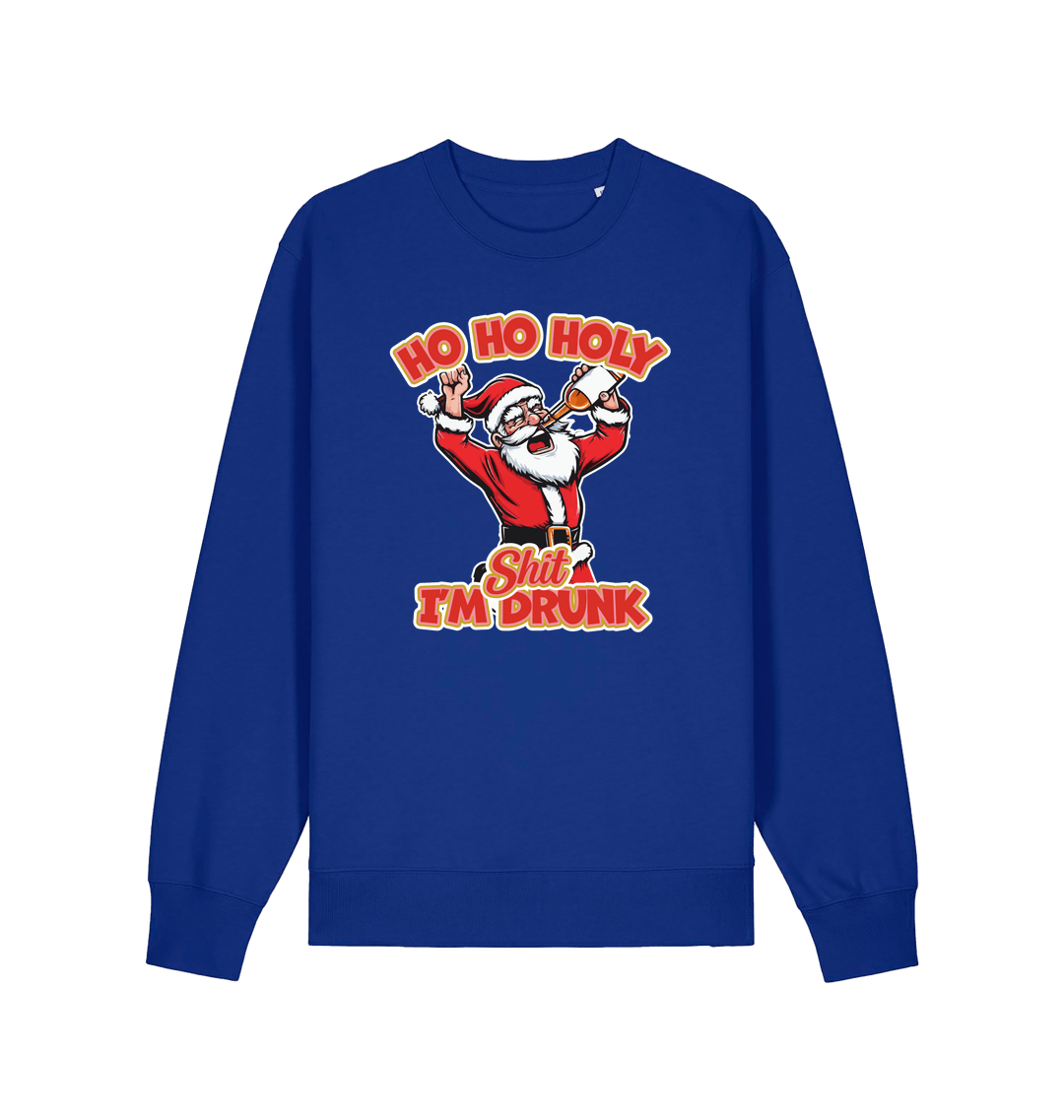 blue christmas sweater with the graphic of santa drinking a beer and the slogan 'ho ho holy shit i'm drunk'