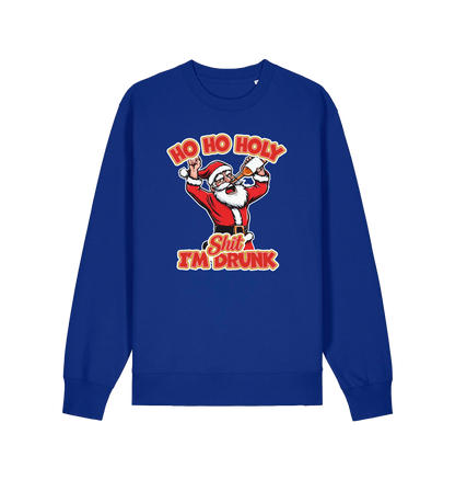 blue christmas sweater with the graphic of santa drinking a beer and the slogan 'ho ho holy shit i'm drunk'