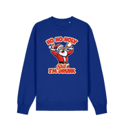 blue christmas sweater with the graphic of santa drinking a beer and the slogan 'ho ho holy shit i'm drunk'