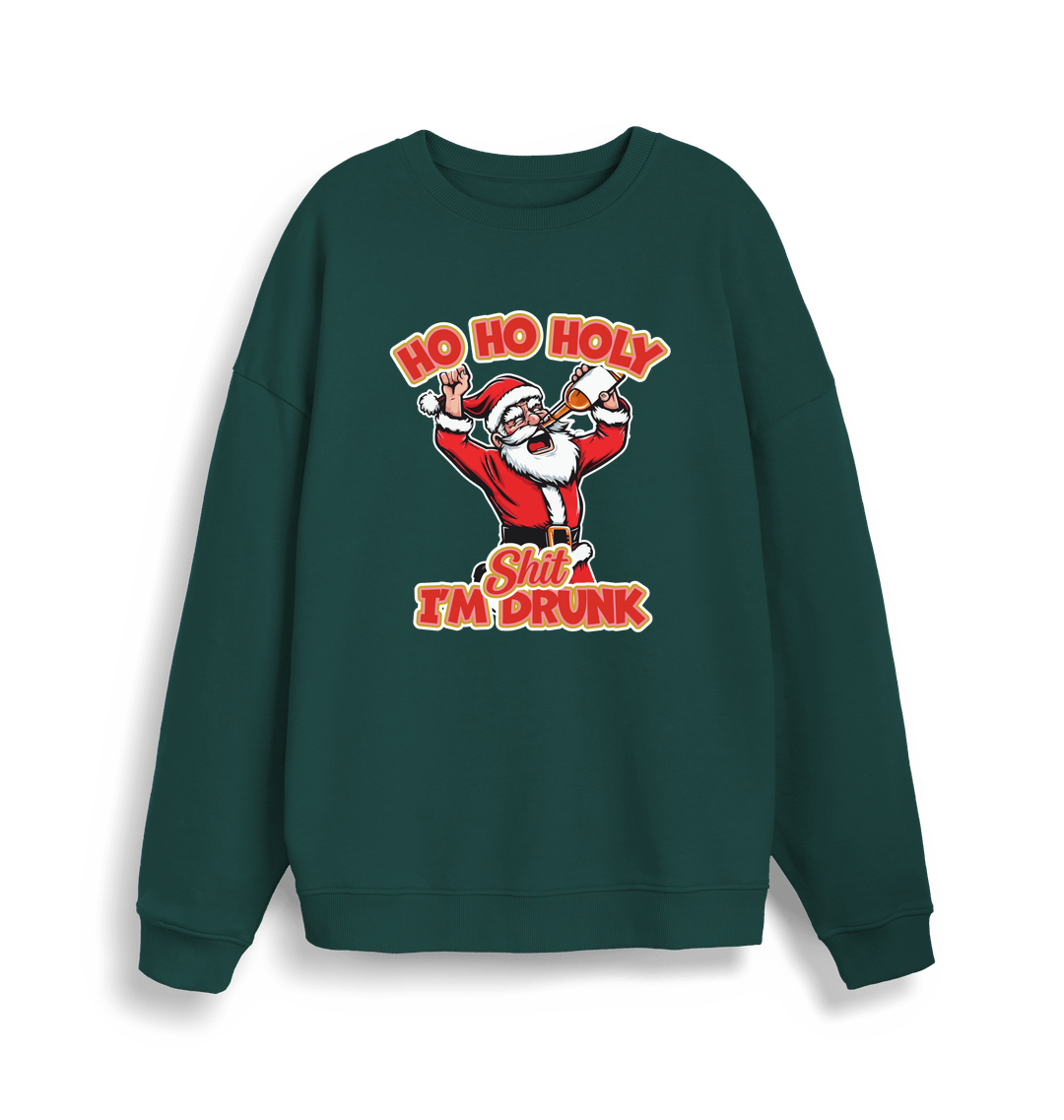 green christmas sweater with the graphic of santa drinking a beer and the slogan 'ho ho holy shit i'm drunk'