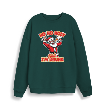 green christmas sweater with the graphic of santa drinking a beer and the slogan 'ho ho holy shit i'm drunk'