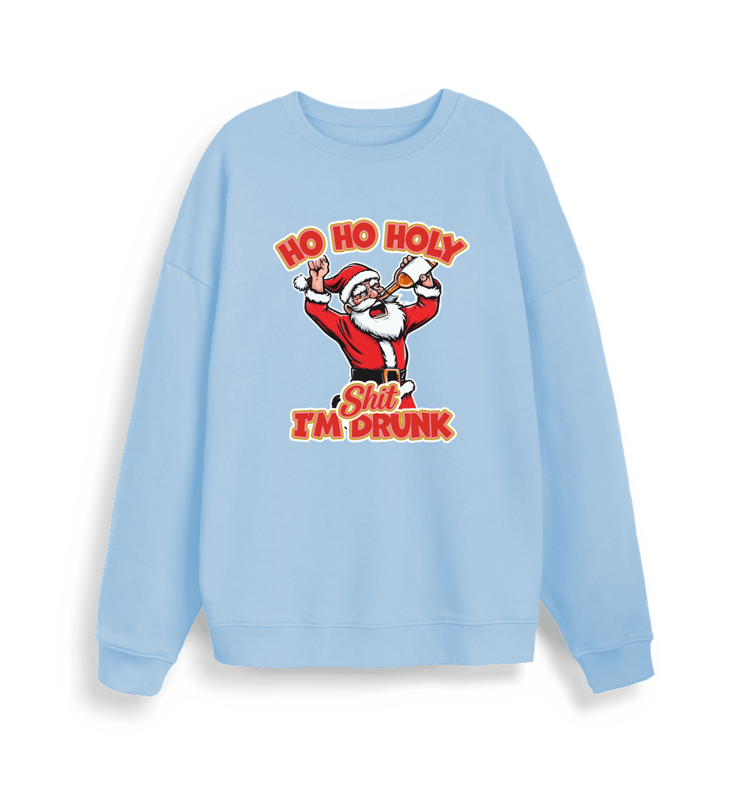 light blue christmas sweater with the graphic of santa drinking a beer and the slogan 'ho ho holy shit i'm drunk'