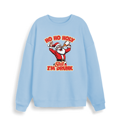 light blue christmas sweater with the graphic of santa drinking a beer and the slogan 'ho ho holy shit i'm drunk'