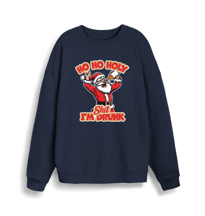 navy christmas sweater with the graphic of santa drinking a beer and the slogan 'ho ho holy shit i'm drunk'