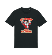 black christmas t-shirt with the graphic of santa drinking a beer and the slogan 'ho ho holy hit i'm drunk'