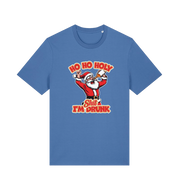 blue christmas t-shirt with the graphic of santa drinking a beer and the slogan 'ho ho holy hit i'm drunk'