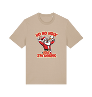 sand christmas t-shirt with the graphic of santa drinking a beer and the slogan 'ho ho holy hit i'm drunk'