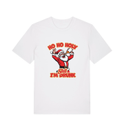 white christmas t-shirt with the graphic of santa drinking a beer and the slogan 'ho ho holy hit i'm drunk'