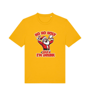 yellow christmas t-shirt with the graphic of santa drinking a beer and the slogan 'ho ho holy hit i'm drunk'