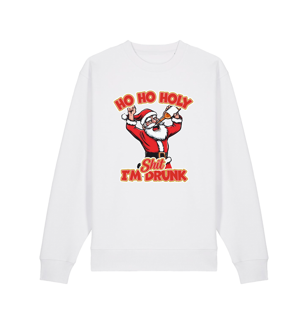 white christmas sweater with the graphic of santa drinking a beer and the slogan 'ho ho holy shit i'm drunk'
