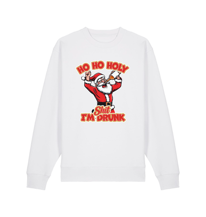 white christmas sweater with the graphic of santa drinking a beer and the slogan 'ho ho holy shit i'm drunk'