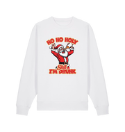 white christmas sweater with the graphic of santa drinking a beer and the slogan 'ho ho holy shit i'm drunk'