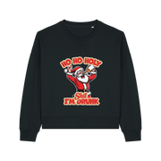 black christmas sweater with a graphic of santa and the slogan 'ho ho holy shit i'm drunk'