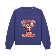blue christmas sweater with a graphic of santa and the slogan 'ho ho holy shit i'm drunk'
