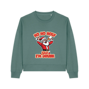 green christmas sweater with a graphic of santa and the slogan 'ho ho holy shit i'm drunk'