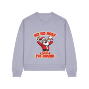lavender christmas sweater with a graphic of santa and the slogan 'ho ho holy shit i'm drunk'