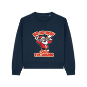 navy christmas sweater with a graphic of santa and the slogan 'ho ho holy shit i'm drunk'
