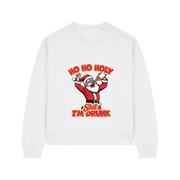 white christmas sweater with a graphic of santa and the slogan 'ho ho holy shit i'm drunk'