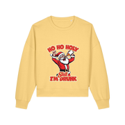 yellow christmas sweater with a graphic of santa and the slogan 'ho ho holy shit i'm drunk'