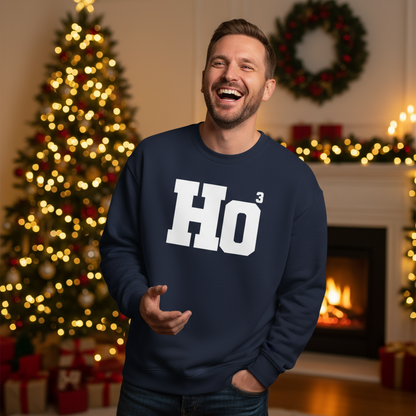 Man wearing a navy blue sweatshirt with 'Ho3' in white text, standing in a festive room with Christmas decorations.